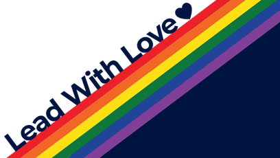 Lead with Love with a rainbow color beneath the text