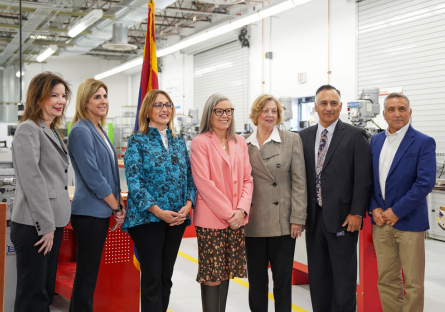 Group image from the Future48 Workforce Accelerator press conference held at GateWay Community College. Pictured from left to right are Laura French, Director of State Government Relations for TSMC AZ Corp; an industry partner representative; Sandra Watson, President & CEO, Arizona Commerce Authority; Arizona Governor Katie Hobbs; Susan Bitter Smith, MCCCD Governing Board President; Dr. Steven R. Gonzales, MCCCD Chancellor; and Dr. Tom Nerini, MCCCD Governing Board Secretary.
