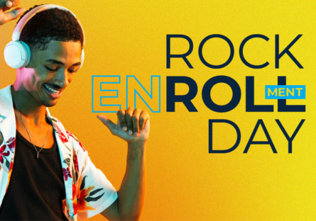A stock photo of a man wearing headphones with hands raised as if dancing and the words Rock Enrollment Day