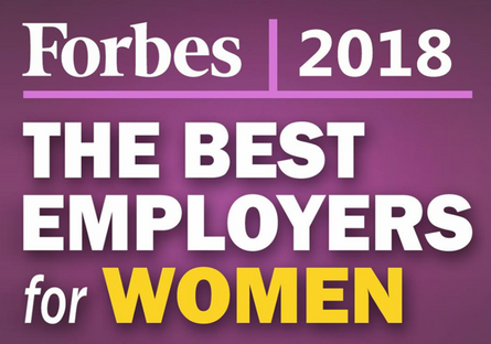 A graphic with a purple background and the wording Forbes 2018 The Best Employers for Women