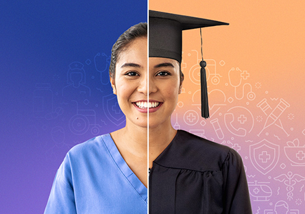 A split image of a nursing student wearing scrubs and a graduation cap and gown