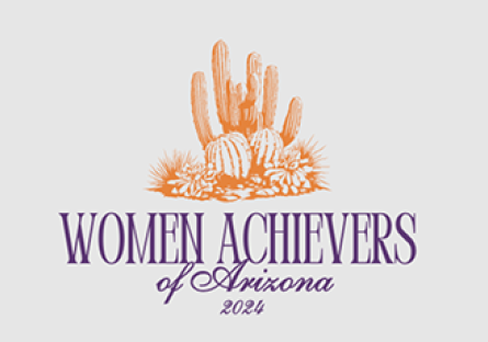 A graphic with an orange desert scene and purple letters that say Women Achievers of Arizona 2024