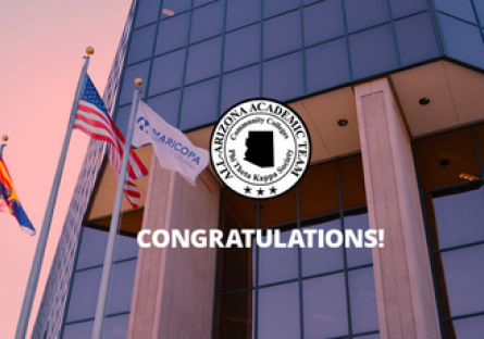 Exterior image of the Maricopa County Community College District office building with the All-Academic seal